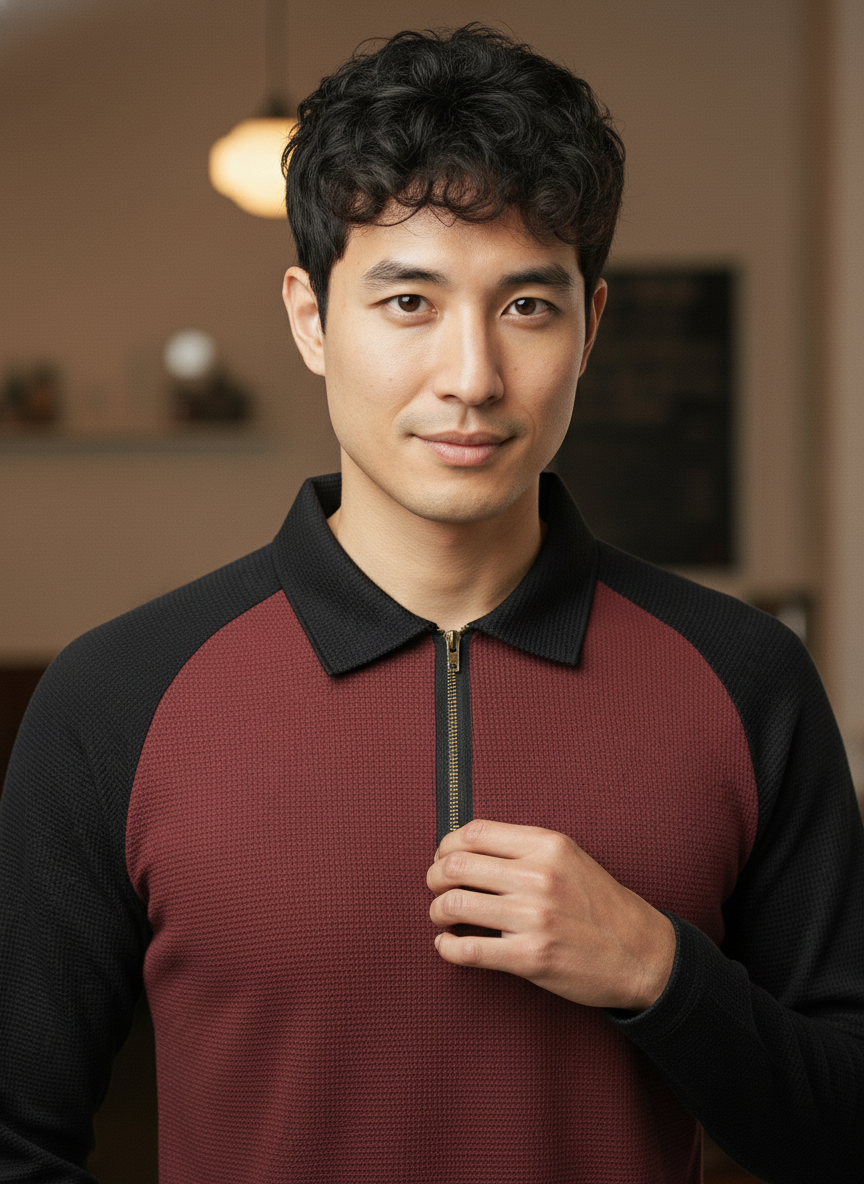 Men’s Black & Maroon Waffle Knit Quarter-Zip Long Sleeve Polo T-shirt