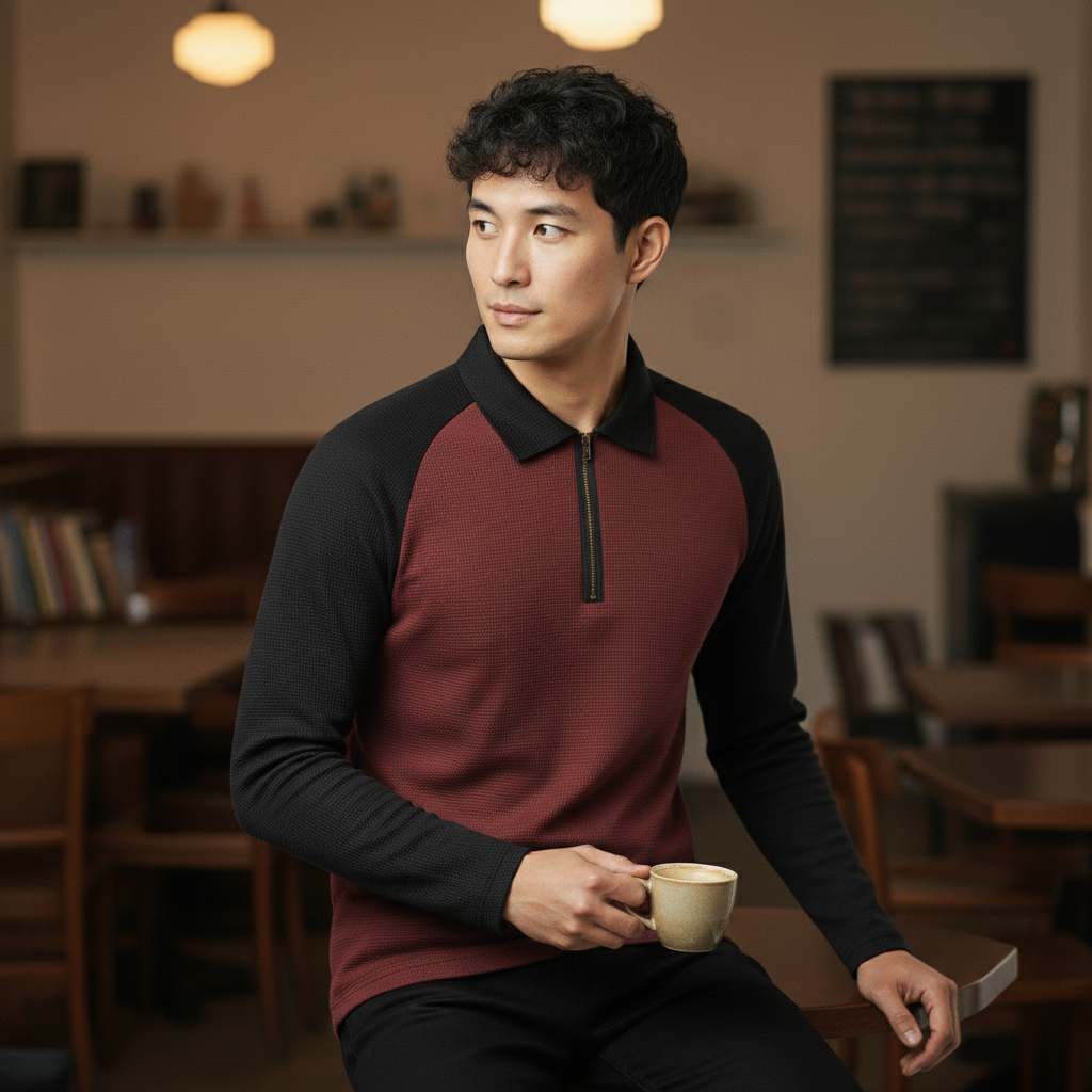 Men’s Black & Maroon Waffle Knit Quarter-Zip Long Sleeve Polo T-shirt