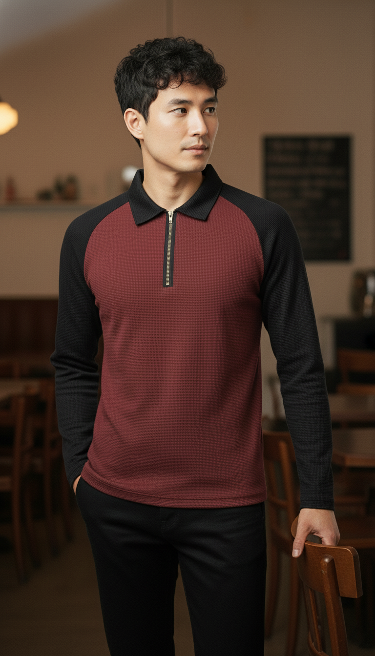 Men’s Black & Maroon Waffle Knit Quarter-Zip Long Sleeve Polo T-shirt