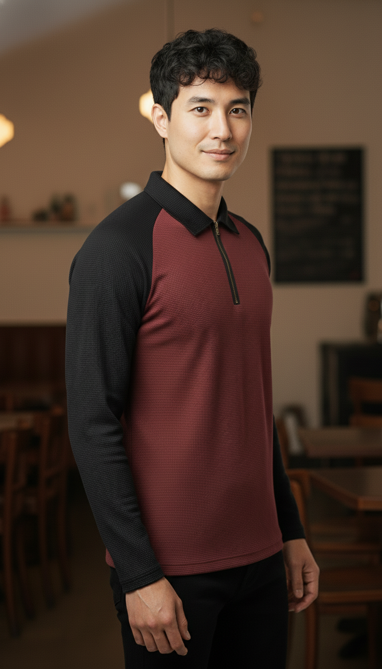 Men’s Black & Maroon Waffle Knit Quarter-Zip Long Sleeve Polo T-shirt
