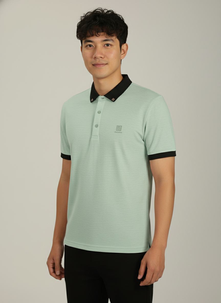 Men’s Mint Green Premium Stretch Polo with Contrast Ribbed Collar T-Shirt