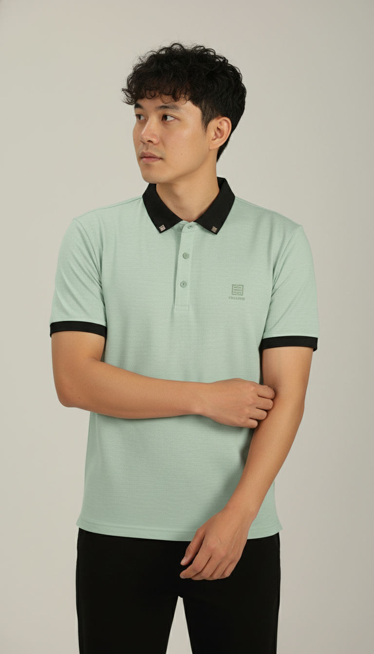 Men’s Mint Green Premium Stretch Polo with Contrast Ribbed Collar T-Shirt