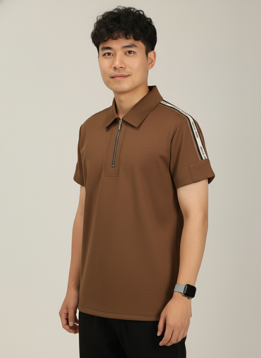 Men's Mocha Brown Premium Shoulder-Stripe Zip Polo T-Shirt