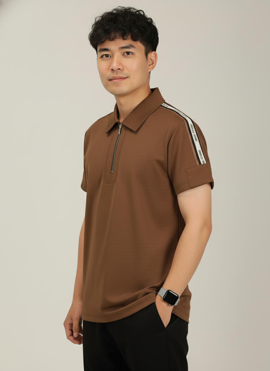 Men's Mocha Brown Premium Shoulder-Stripe Zip Polo T-Shirt