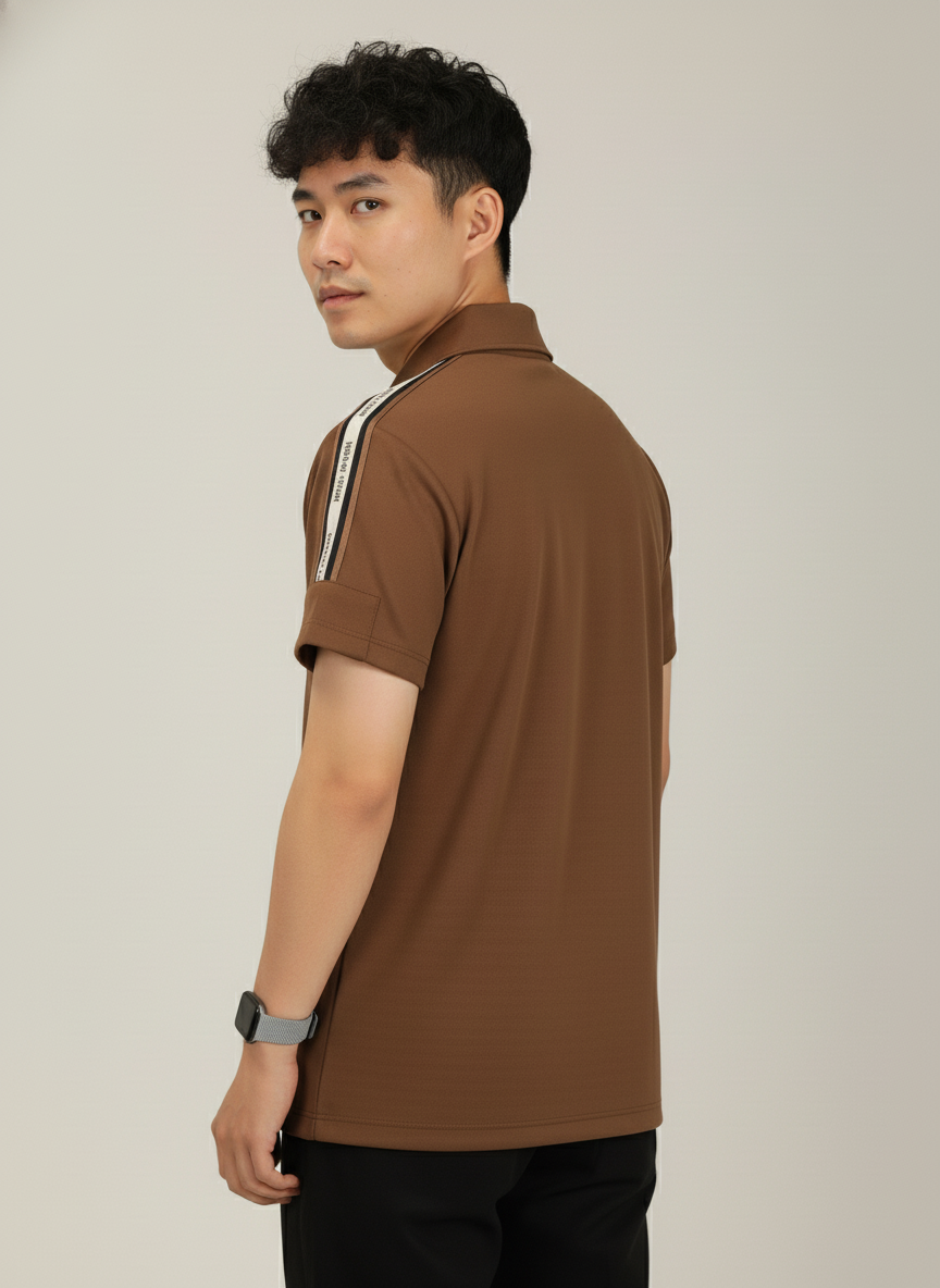 Men's Mocha Brown Premium Shoulder-Stripe Zip Polo T-Shirt