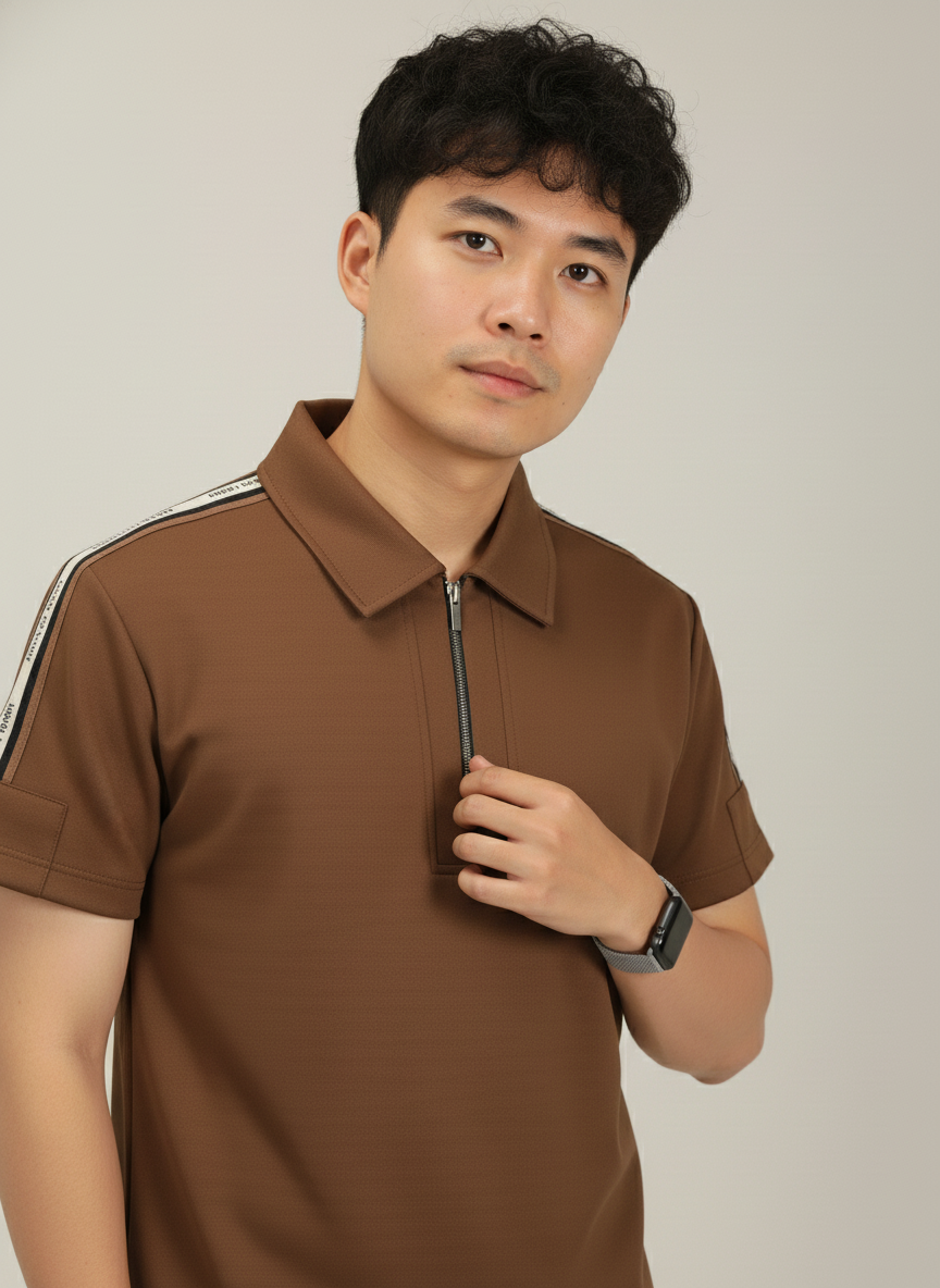 Men's Mocha Brown Premium Shoulder-Stripe Zip Polo T-Shirt