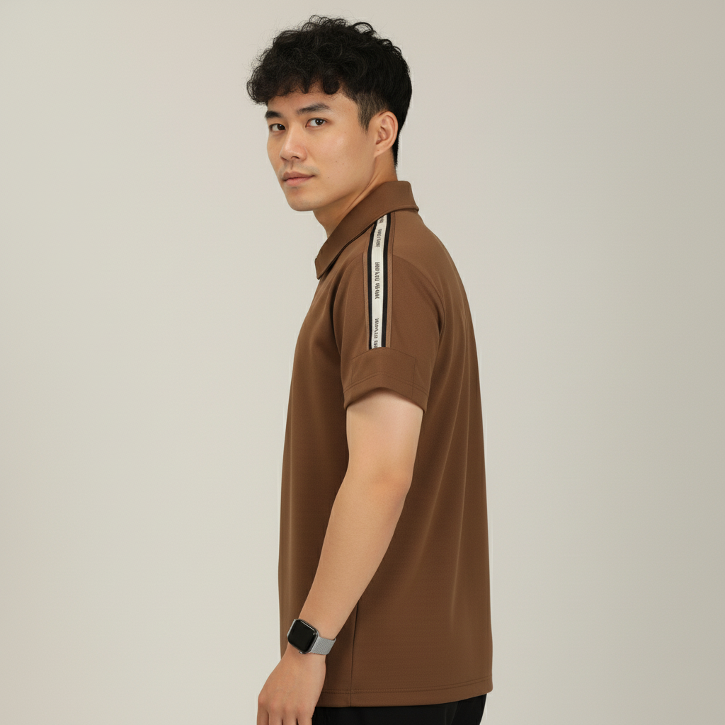Men's Mocha Brown Premium Shoulder-Stripe Zip Polo T-Shirt