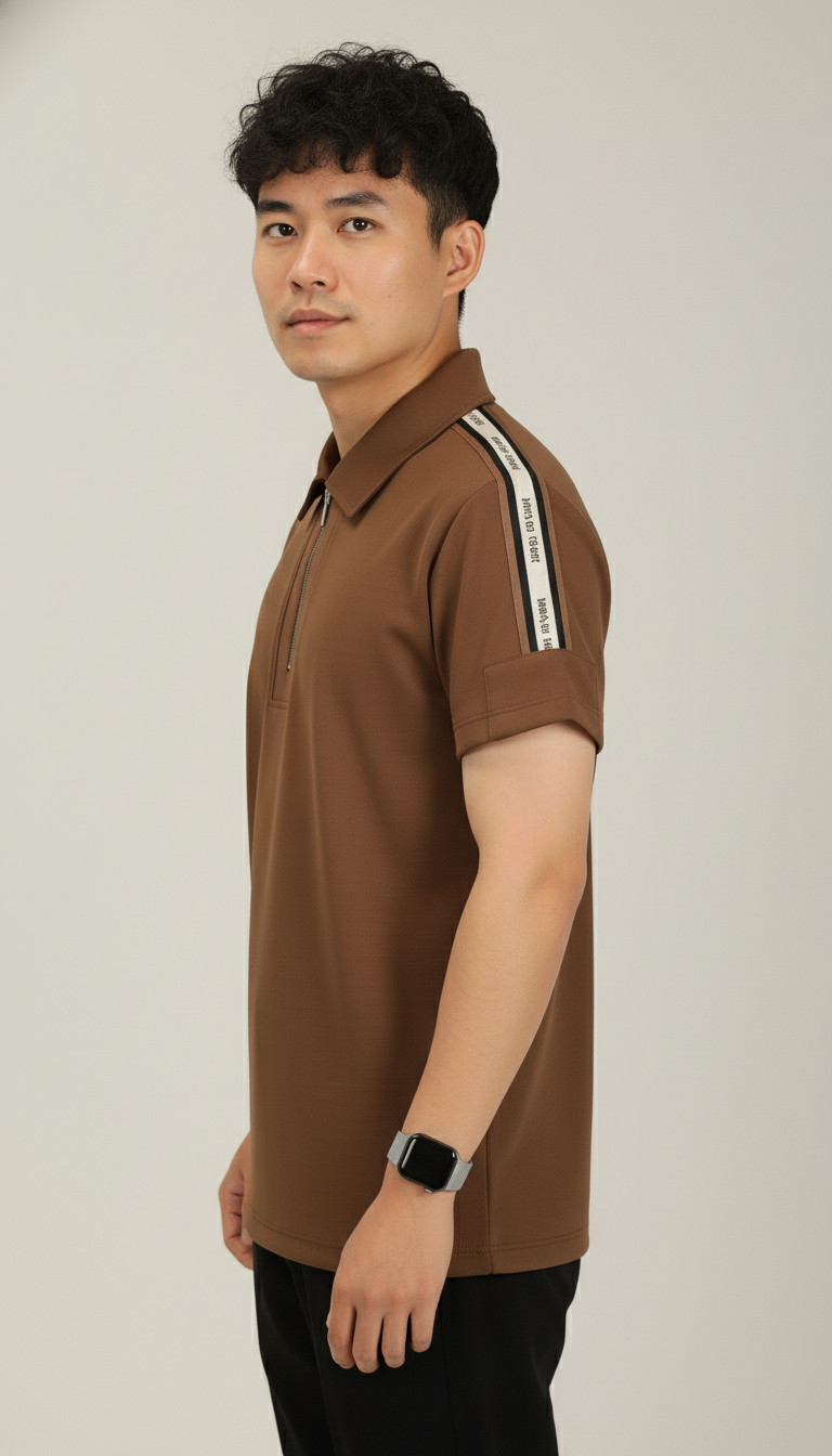 Men's Mocha Brown Premium Shoulder-Stripe Zip Polo T-Shirt