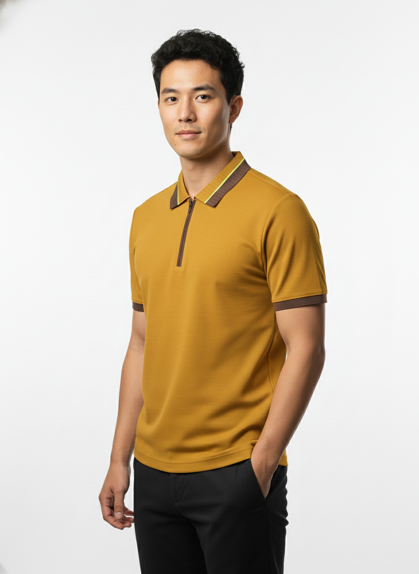 Men's Mustard Gold Textured Zip-Polo T-Shirt with Neon Collar Accent