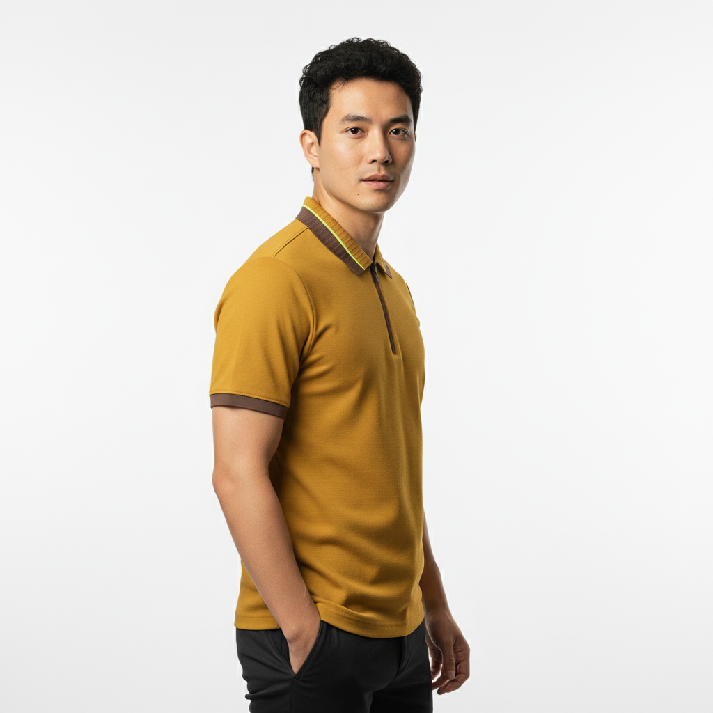 Men's Mustard Gold Textured Zip-Polo T-Shirt with Neon Collar Accent