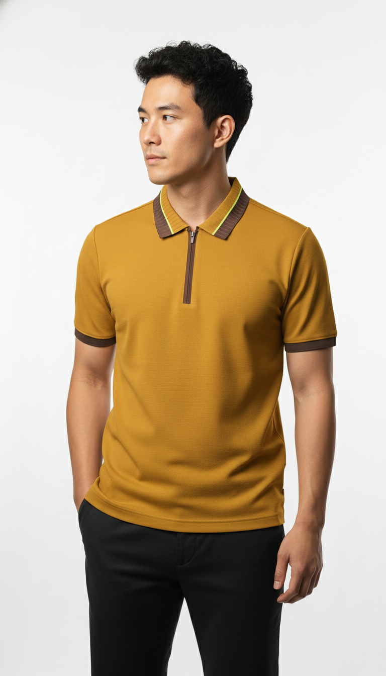 Men's Mustard Gold Textured Zip-Polo T-Shirt with Neon Collar Accent