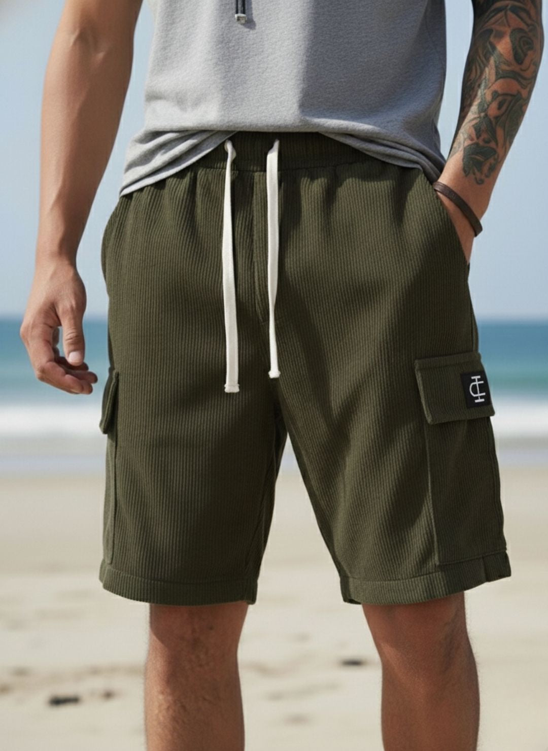 Men's Olive Green Premium Ribbed Texture Cargo Shorts