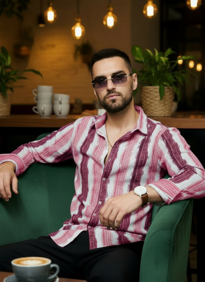 Men's Pink Abstract Stripe Winkle Ribbed Shirt