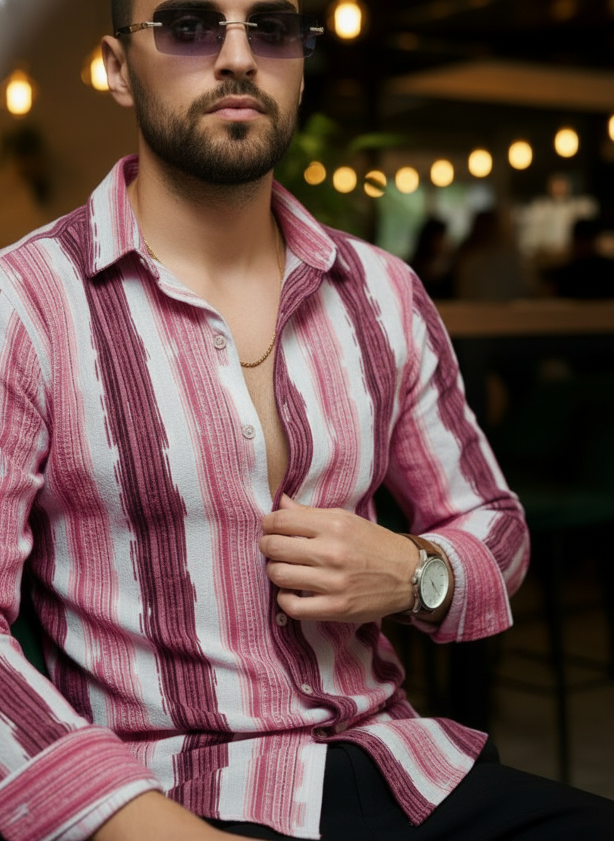 Men's Pink Abstract Stripe Winkle Ribbed Shirt