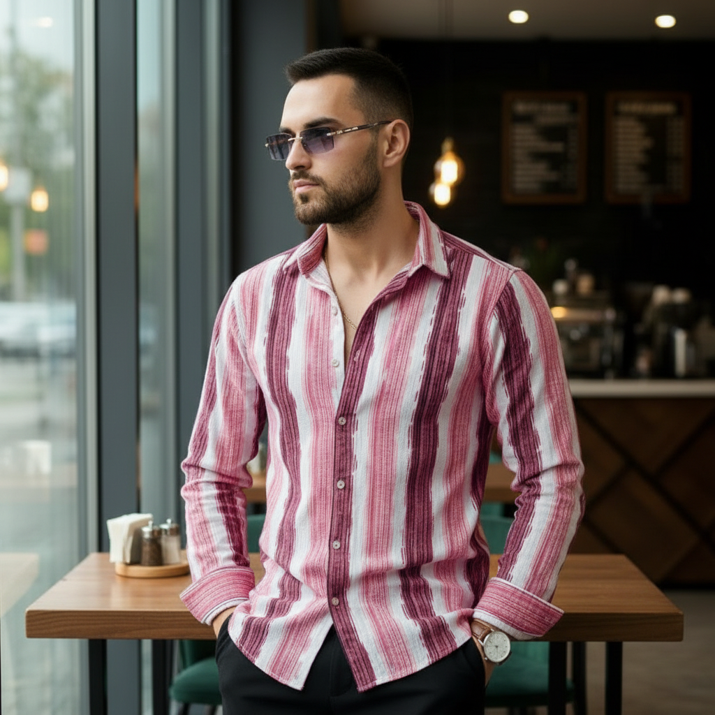 Men's Pink Abstract Stripe Winkle Ribbed Shirt