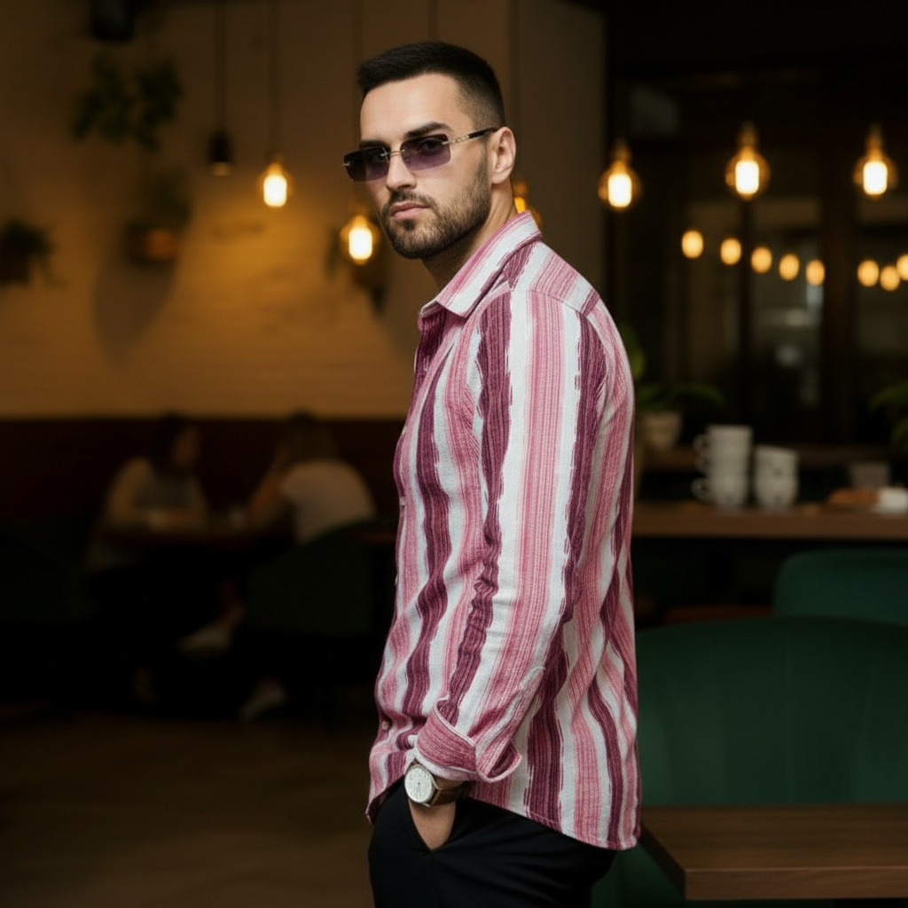 Men's Pink Abstract Stripe Winkle Ribbed Shirt
