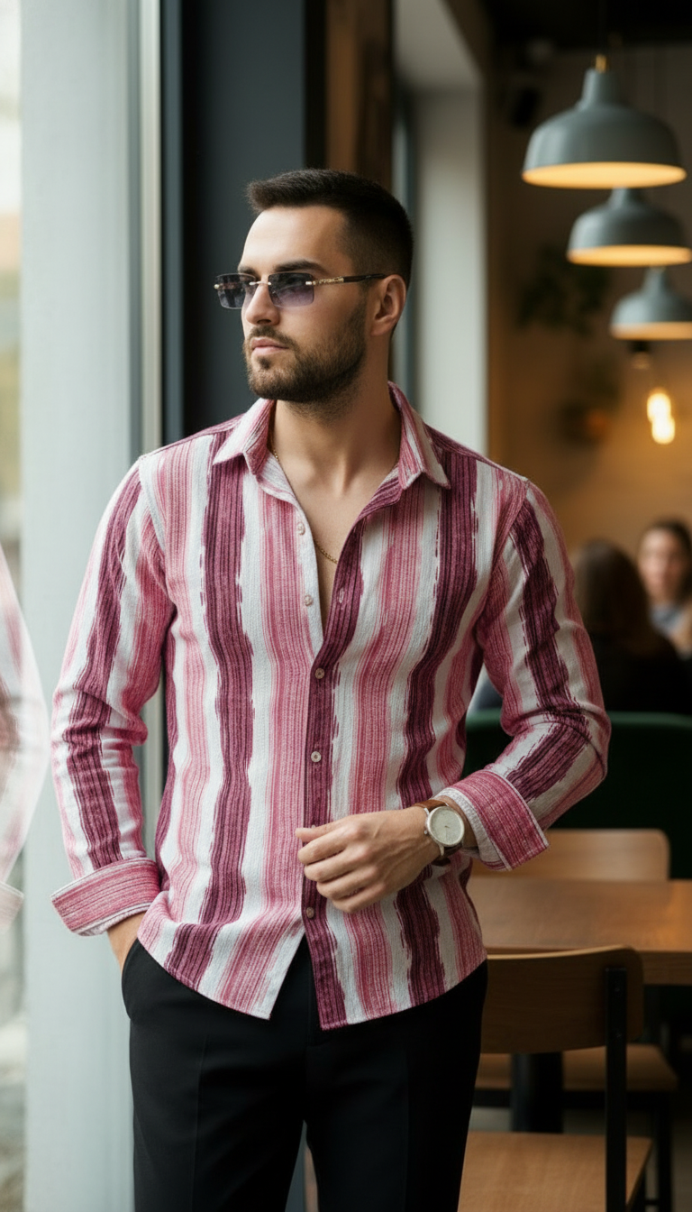 Men's Pink Abstract Stripe Winkle Ribbed Shirt
