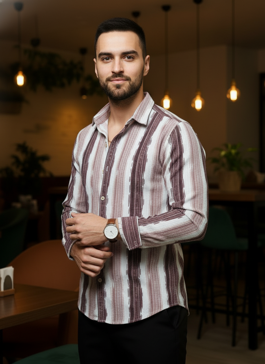 Men's Purple Abstract Stripe Winkle Ribbed Shirt