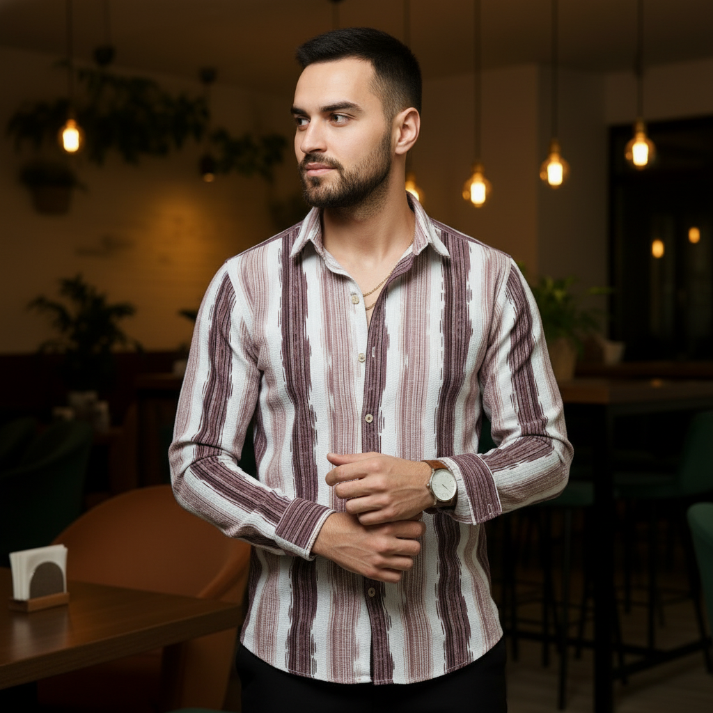 Men's Purple Abstract Stripe Winkle Ribbed Shirt