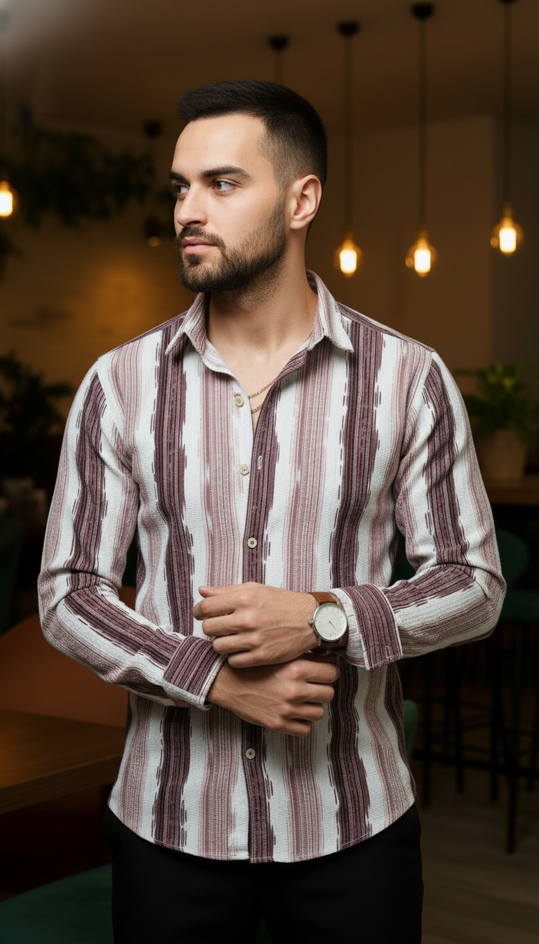 Men's Purple Abstract Stripe Winkle Ribbed Shirt