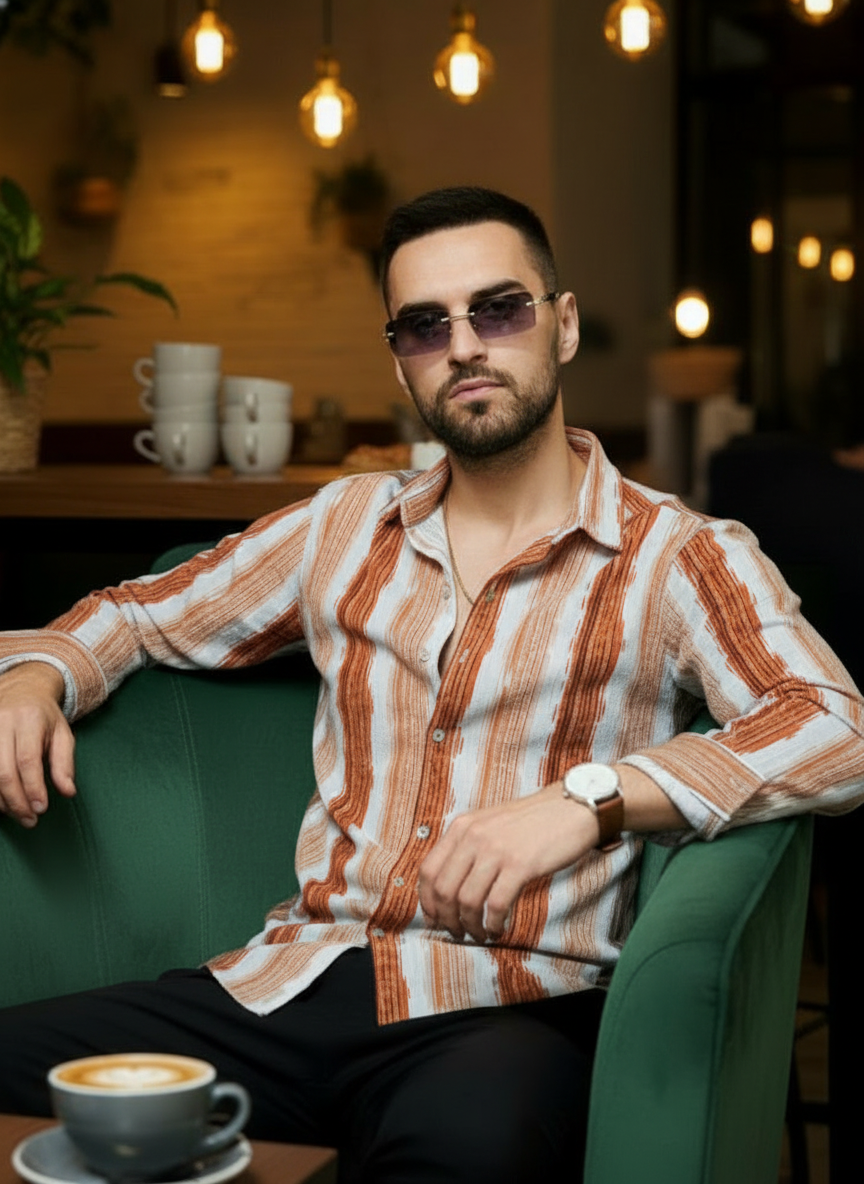 Men's Rust Orange Abstract Stripe Winkle Ribbed Shirt