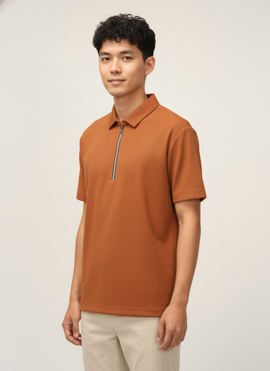 Men’s Rust Orange Textured Ribbed Zip Polo T-Shirt