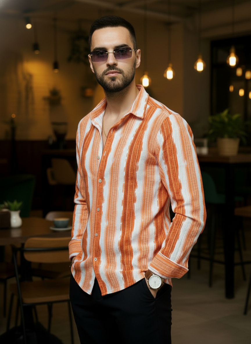 Men's Rust Orange Abstract Stripe Winkle Ribbed Shirt