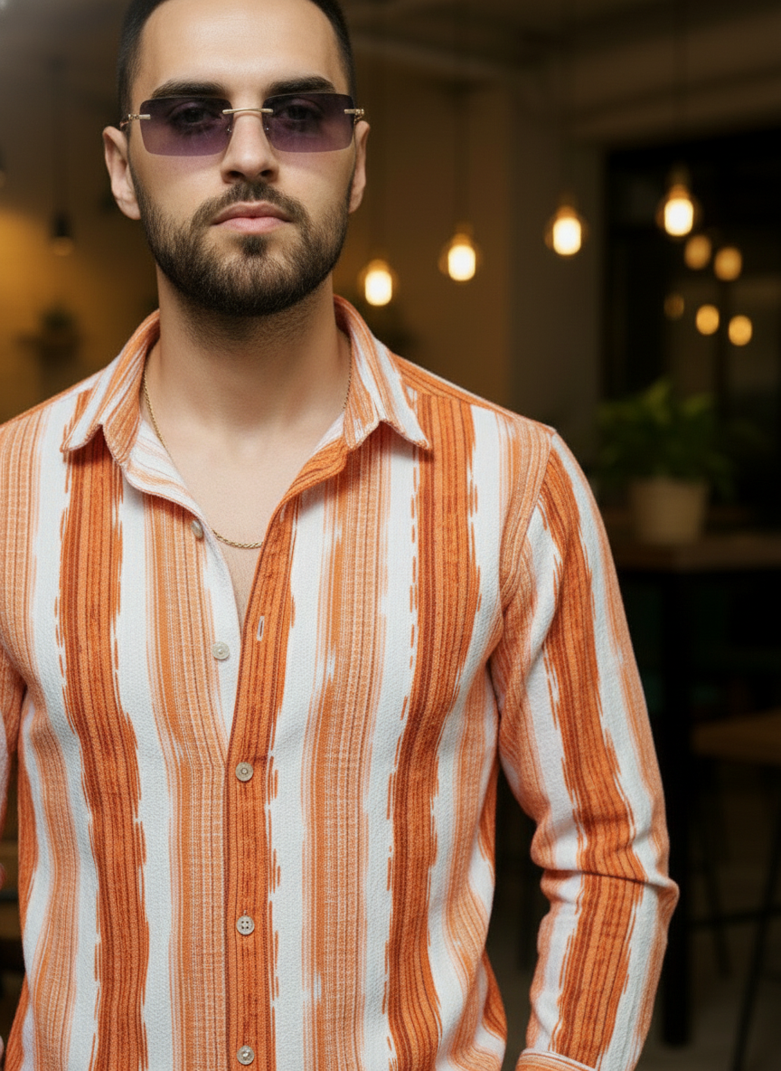 Men's Rust Orange Abstract Stripe Winkle Ribbed Shirt
