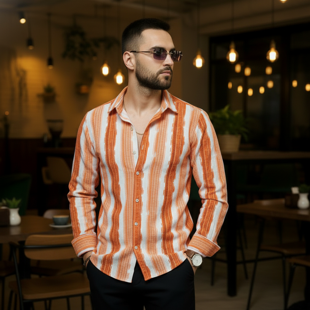 Men's Rust Orange Abstract Stripe Winkle Ribbed Shirt