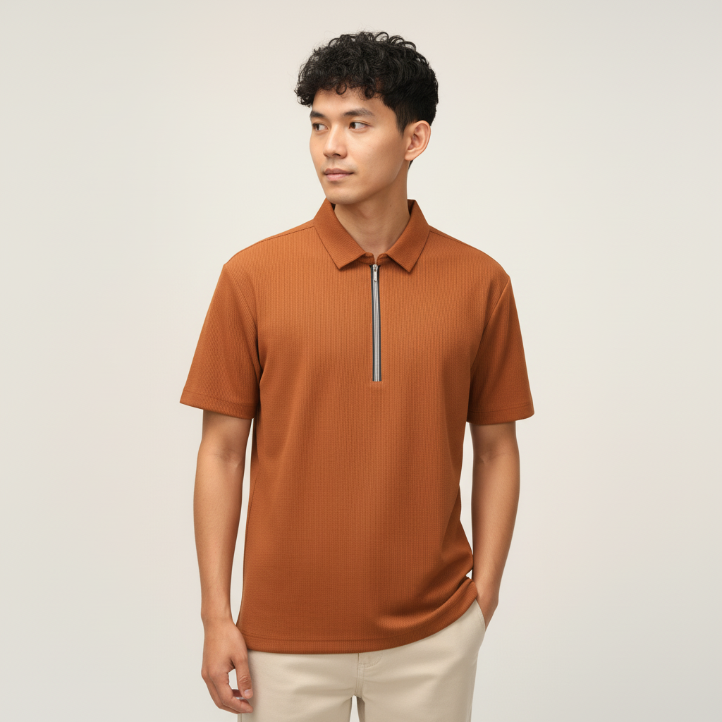 Men’s Rust Orange Textured Ribbed Zip Polo T-Shirt