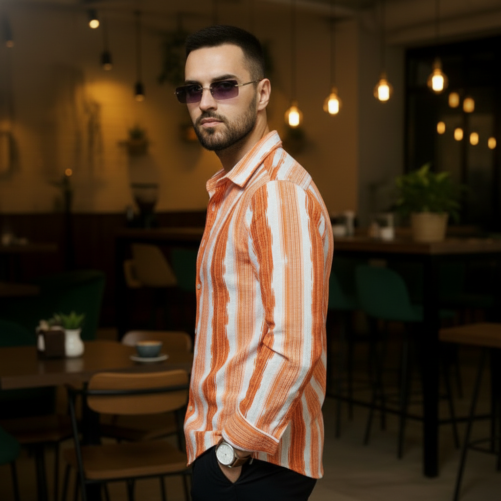 Men's Rust Orange Abstract Stripe Winkle Ribbed Shirt