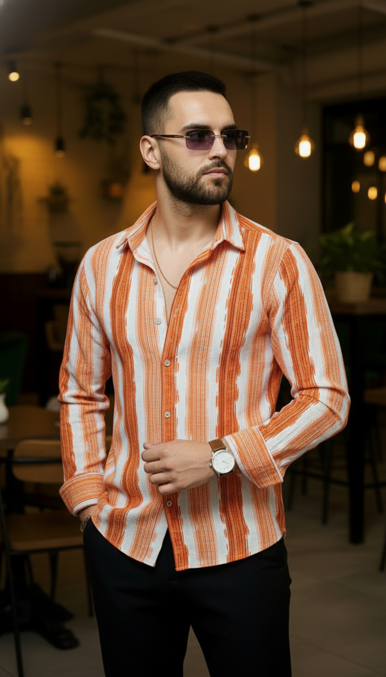 Men's Rust Orange Abstract Stripe Winkle Ribbed Shirt