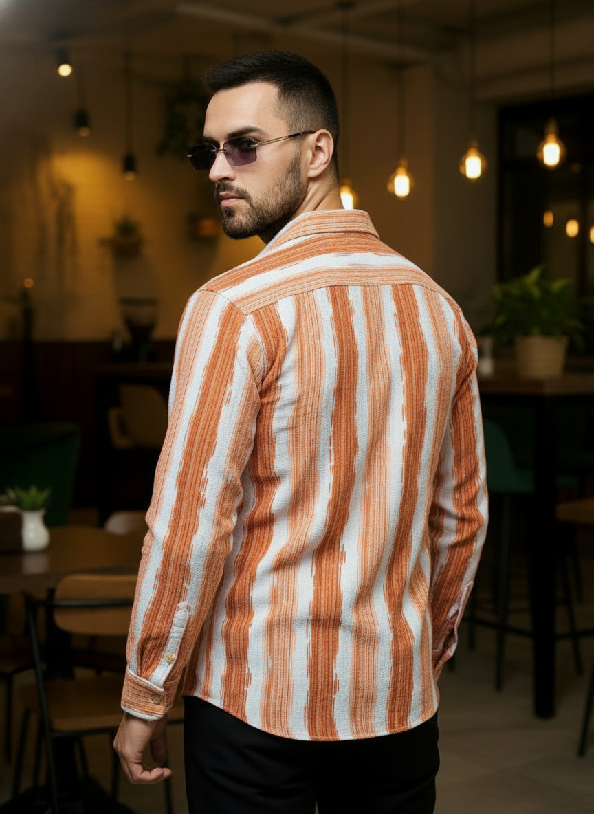 Men's Rust Orange Abstract Stripe Winkle Ribbed Shirt