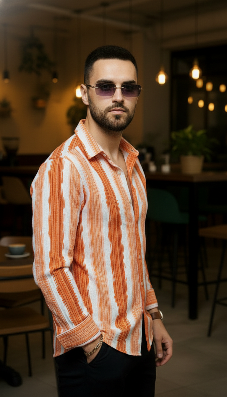 Men's Rust Orange Abstract Stripe Winkle Ribbed Shirt