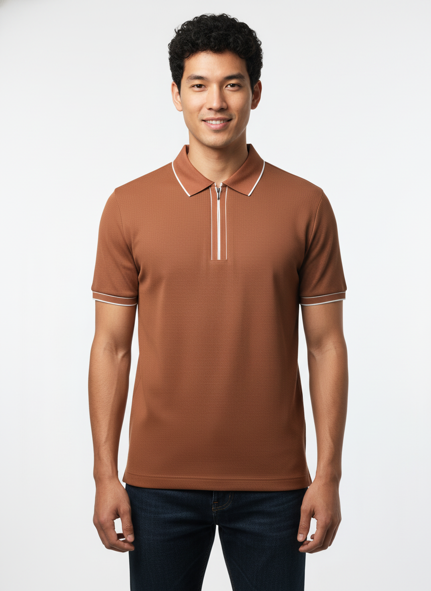 Men's Rustic Copper Contrast Trim Zip Polo T-Shirt