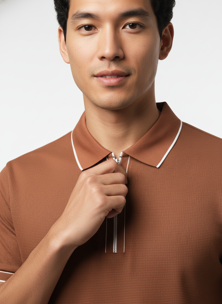 Men's Rustic Copper Contrast Trim Zip Polo T-Shirt