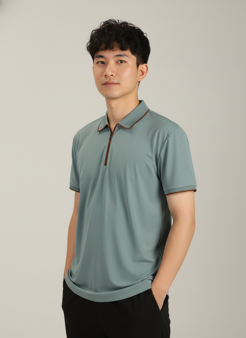 Men's Sage Green Modern Contrast Trim Zip-Neck Polo T-Shirt