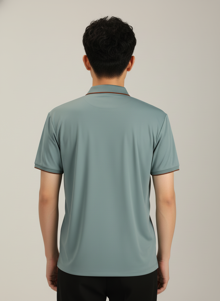 Men's Sage Green Modern Contrast Trim Zip-Neck Polo T-Shirt