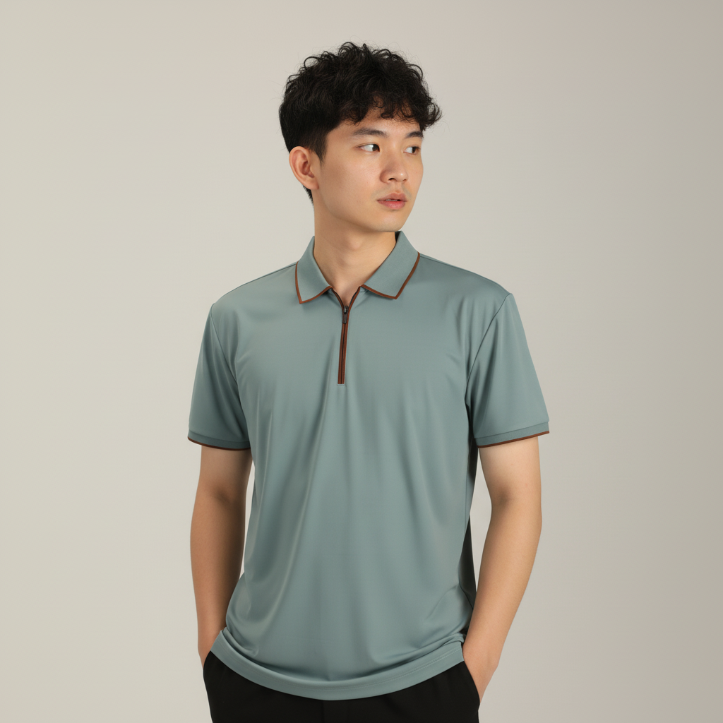 Men's Sage Green Modern Contrast Trim Zip-Neck Polo T-Shirt