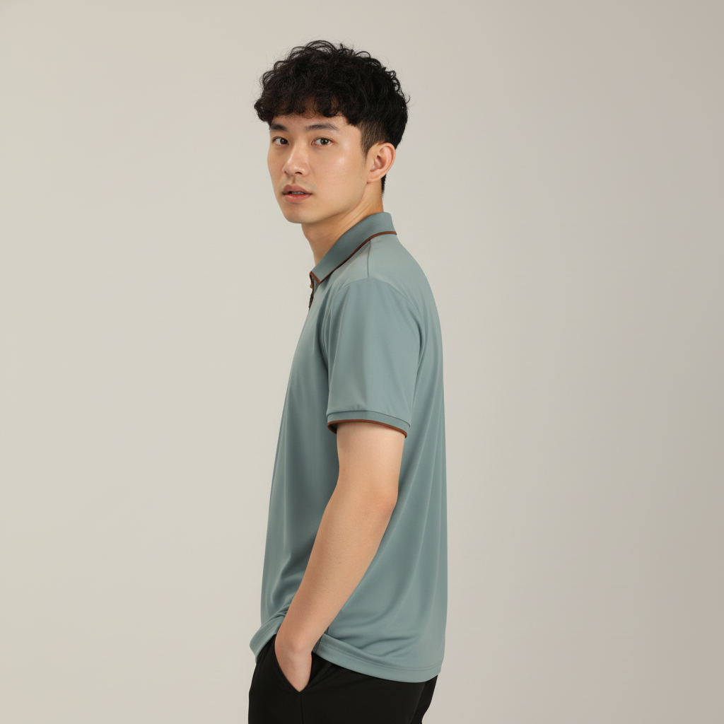 Men's Sage Green Modern Contrast Trim Zip-Neck Polo T-Shirt