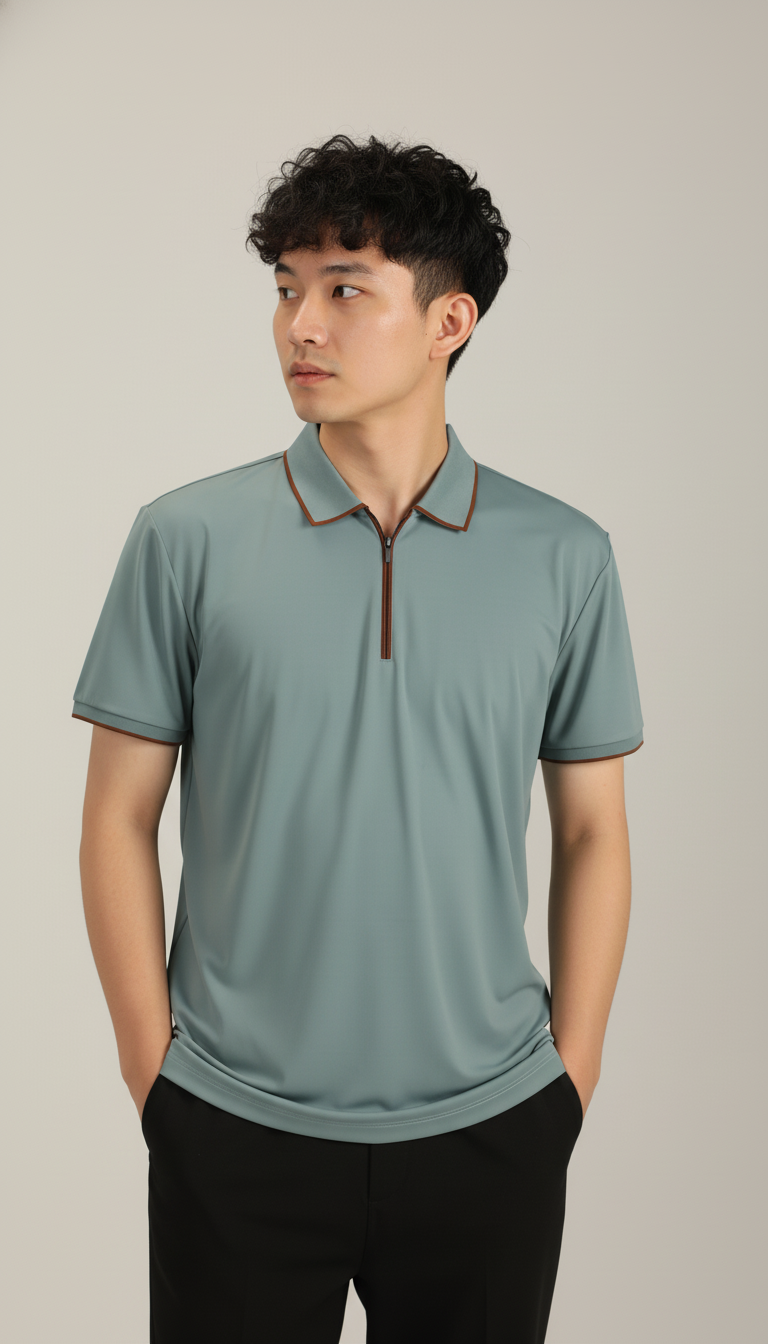 Men's Sage Green Modern Contrast Trim Zip-Neck Polo T-Shirt