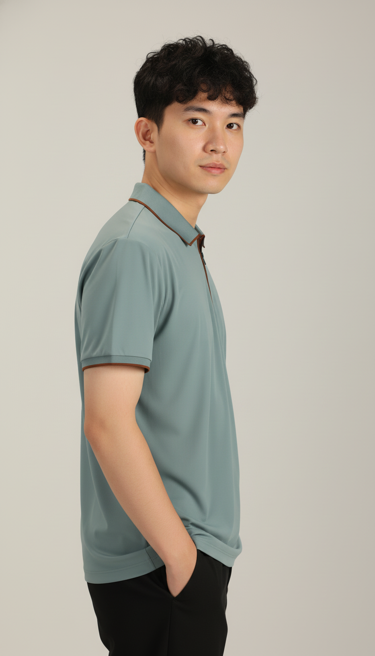 Men's Sage Green Modern Contrast Trim Zip-Neck Polo T-Shirt