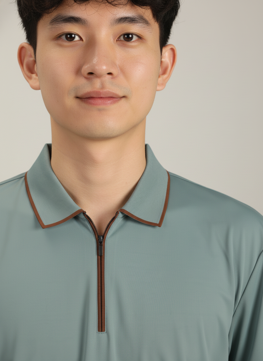 Men's Sage Green Modern Contrast Trim Zip-Neck Polo T-Shirt