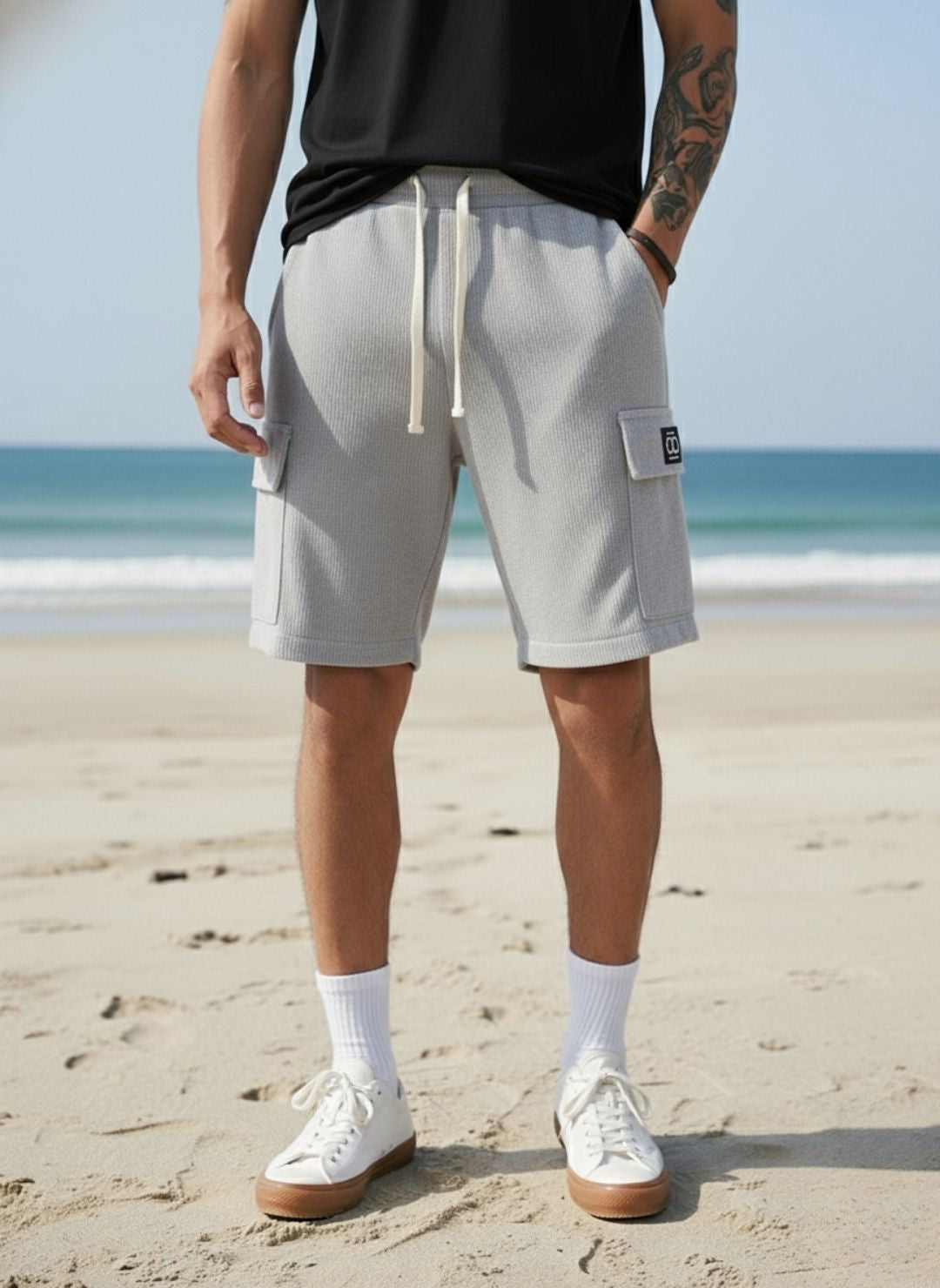 Men's Silver Grey Premium Ribbed Texture Cargo Shorts
