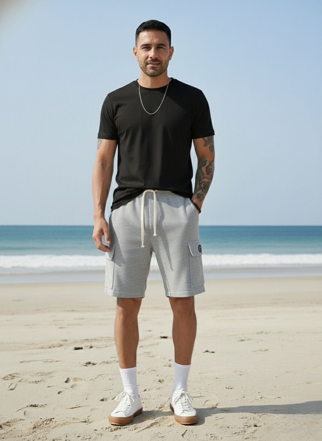 Men's Silver Grey Premium Ribbed Texture Cargo Shorts