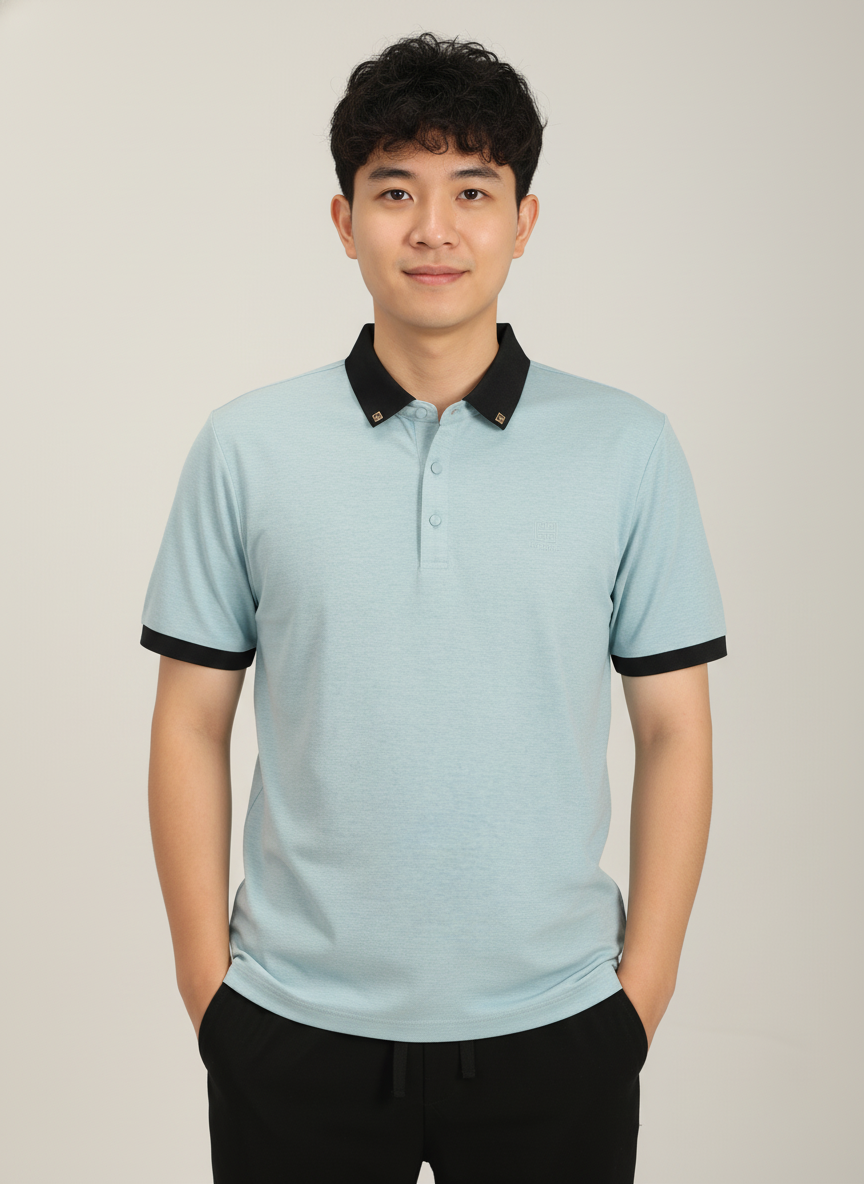 Men’s Sky Blue Premium Stretch Polo with Contrast Ribbed Collar T-Shirt