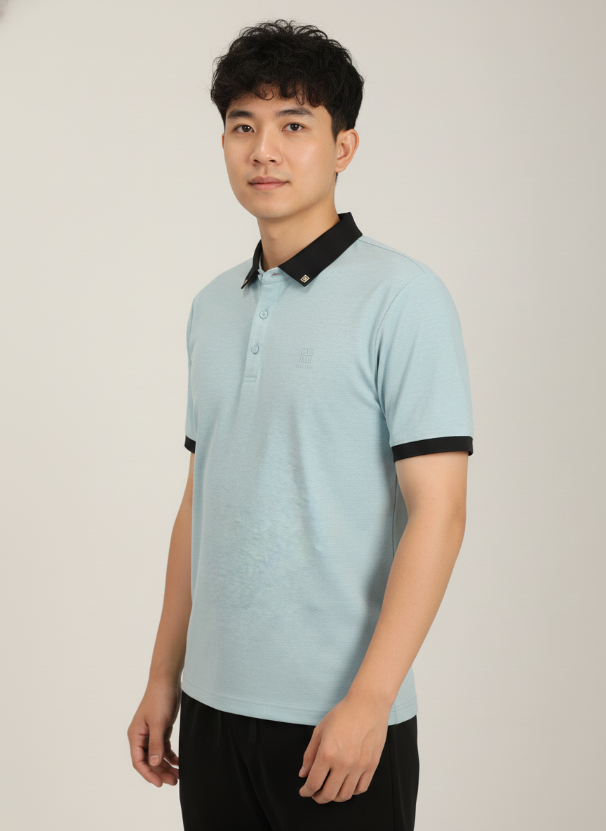 Men’s Sky Blue Premium Stretch Polo with Contrast Ribbed Collar T-Shirt