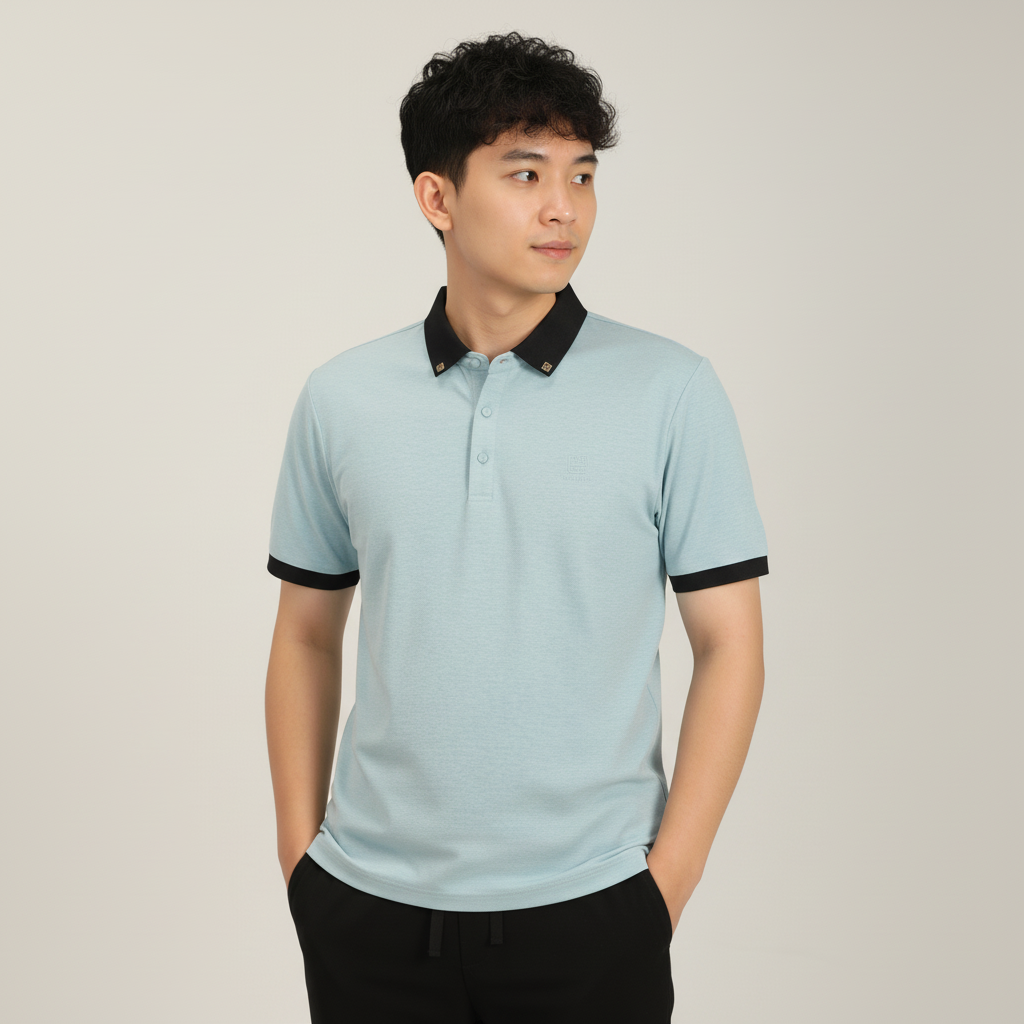 Men’s Sky Blue Premium Stretch Polo with Contrast Ribbed Collar T-Shirt