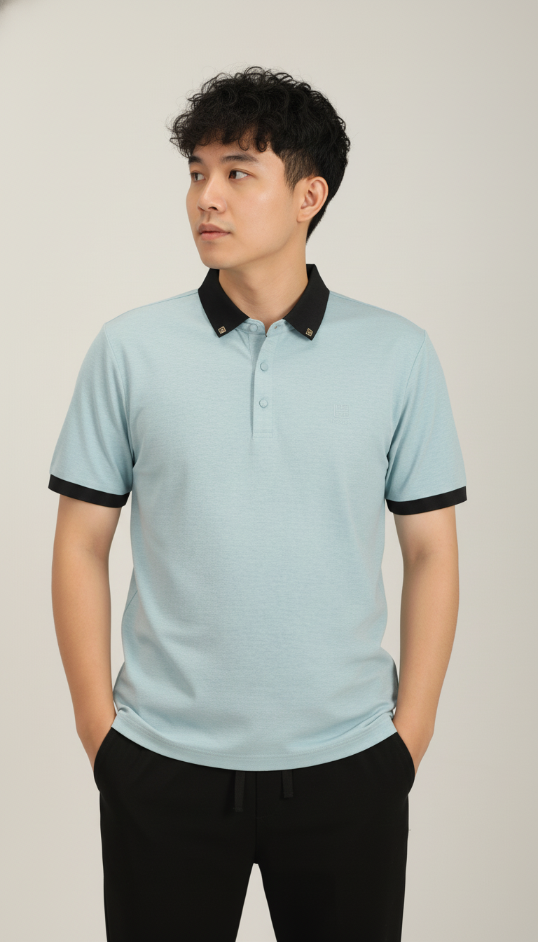 Men’s Sky Blue Premium Stretch Polo with Contrast Ribbed Collar T-Shirt