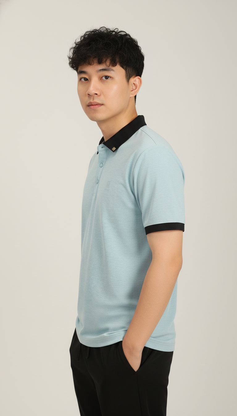 Men’s Sky Blue Premium Stretch Polo with Contrast Ribbed Collar T-Shirt